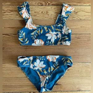Roxy Girls Two Piece Blue Floral Swimsuit Bikini Size 12